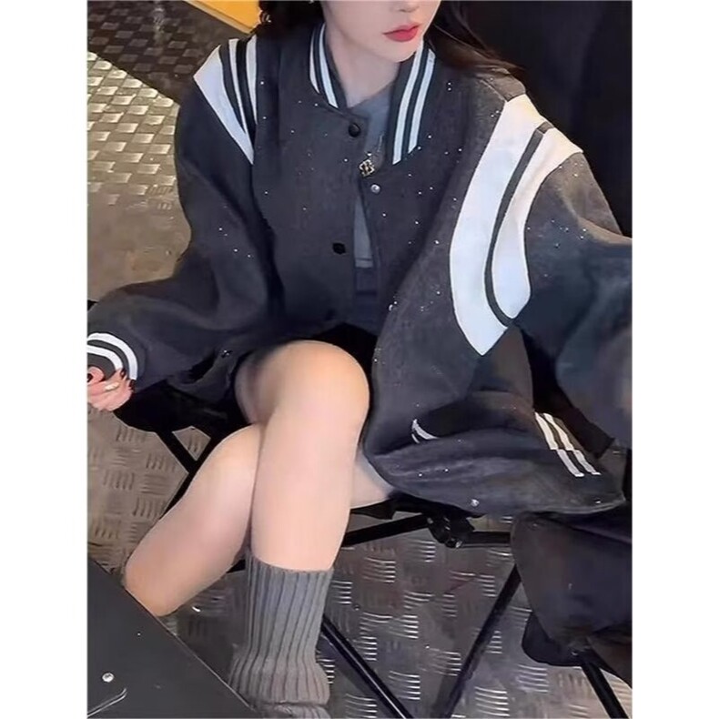 525-P62灰色美式复古棒球服外套,女装短外套,电商B323A