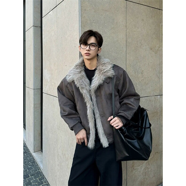 现货重磅硬挺boxy羽绒棉衣座山雕大毛毛领洗水麂皮棉服冬外套，男装棉衣，电商A486-1