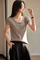 68支精纺纯山羊绒圆领短袖针织衫女春夏季薄款飞飞袖套头T恤，女装针织衫/毛衣，江帆羊绒