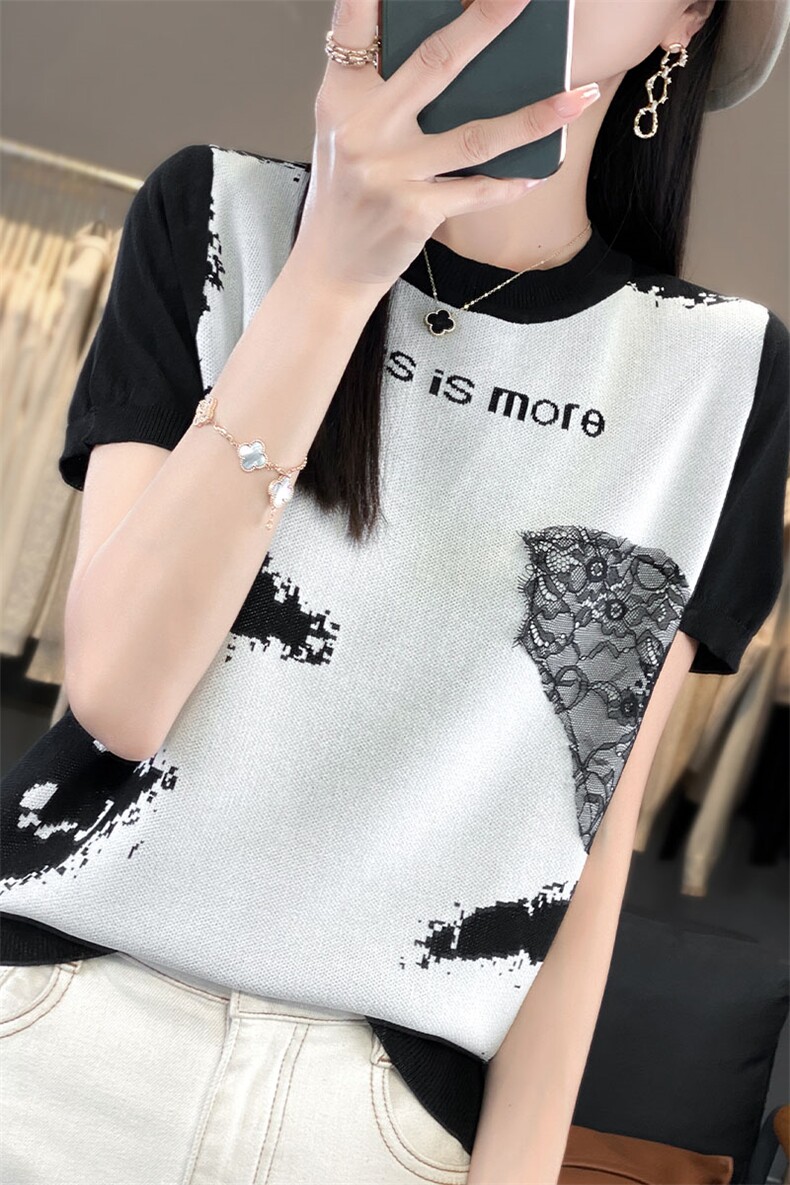 新款女装冰丝短袖针织衫水墨画图案拼接蕾丝设计时尚百搭显瘦上衣,针织衫/毛衣,萱芳婷羊绒