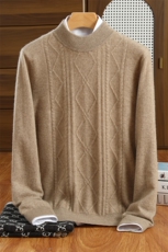 10%男款衫半高领中间菱形两边绞花男装，男装羊绒套衫，昭美羊绒