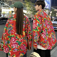 C203长袖情侣宽松东北大花港风衬衣外套民族特色牡丹花衬衣，男装民族服装，星座115A(原星座507）