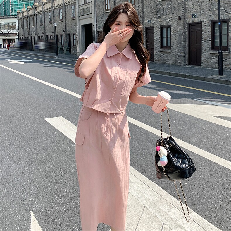 韩系粉色工装套装女夏2024新款冷淡风盐系套装裙两件套御姐炸街,女装套装/套裙,纯色衣恋