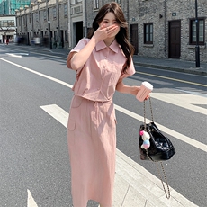 韩系粉色工装套装女夏2024新款冷淡风盐系套装裙两件套御姐炸街，女装套装/套裙，纯色衣恋