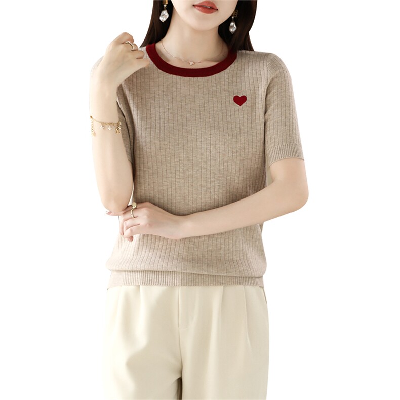 2025春季活动通勤弹力新款女士打底衫夏季简约百搭时尚圆领短袖,女装T恤,德尔信羊绒