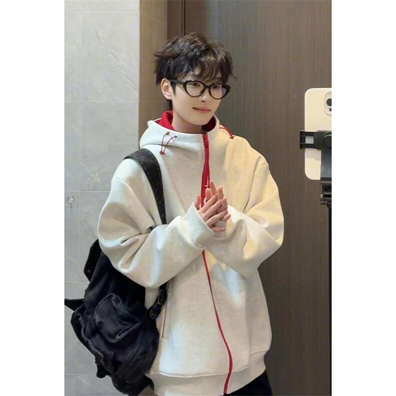 2026春季撞色连帽卫衣情侣美式开衫外套男女C64132-TP4588,女装短外套,电商A102