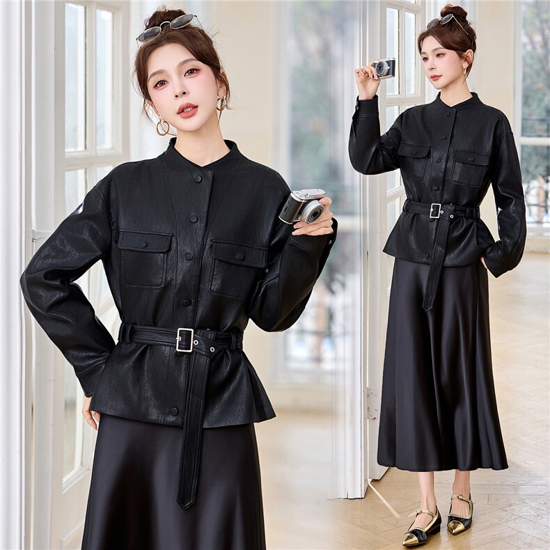 大量现货新款2026年春季时尚收腰显瘦高级感皮衣外套=+，女装皮衣，蓝诺裳