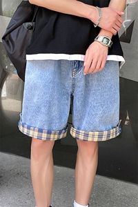 ins情侣宽松格子翻边夏季薄款五分裤子牛仔短裤男 A125-DK16-P38图片