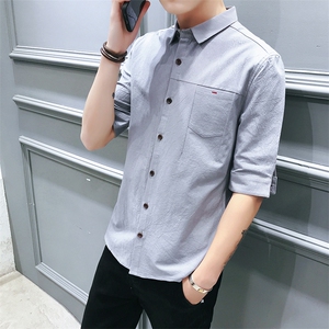 100%棉 2021夏装新款D衬衫男休闲修身五分袖中袖衬衣CS006图片