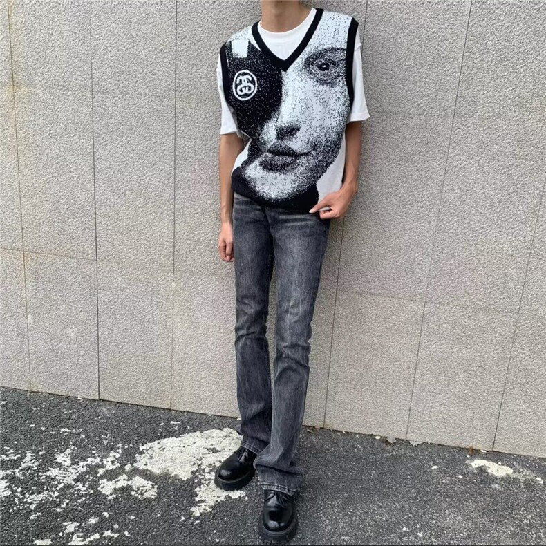 W9526-P50网图现货美式高街黑灰色破坏水洗做旧复古微喇牛仔裤,男装牛仔裤,星座1608-2