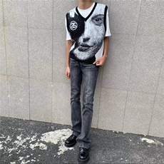 W9526-P50网图现货美式高街黑灰色破坏水洗做旧复古微喇牛仔裤，男装牛仔裤，星座1608-2
