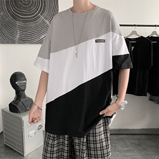 拼色短袖t恤男潮休闲上衣oversize半袖港风宽松青年T447-P22，男装T恤，星座512-2