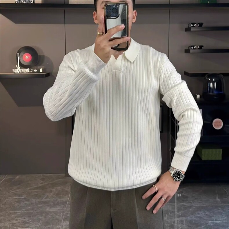 欧美翻领针织polo衫男高级感修身长袖卫衣v型叠领线衣保罗羊毛衫图片
