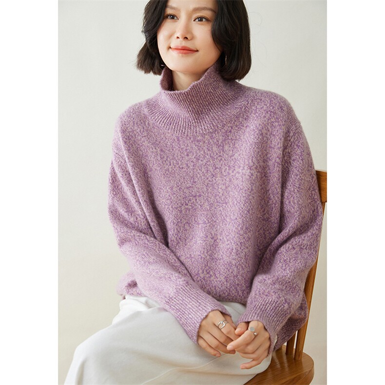 时尚高领宽松羊绒衫粉色花纱加厚保暖毛衣,女装羊绒衫,迎冬羊绒