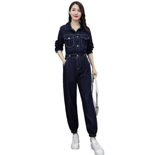 牛仔长袖深色牛仔裤工装裤街头中腰修身秋季连体裤翻领女，女装连体裤，微微衣阁