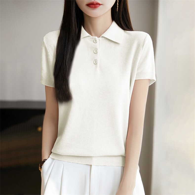 25夏季POLO领精纺羊毛针织短袖女纯色半开T恤上衣宽松半袖打底衫,女装T恤,暖烁特种纱工厂店