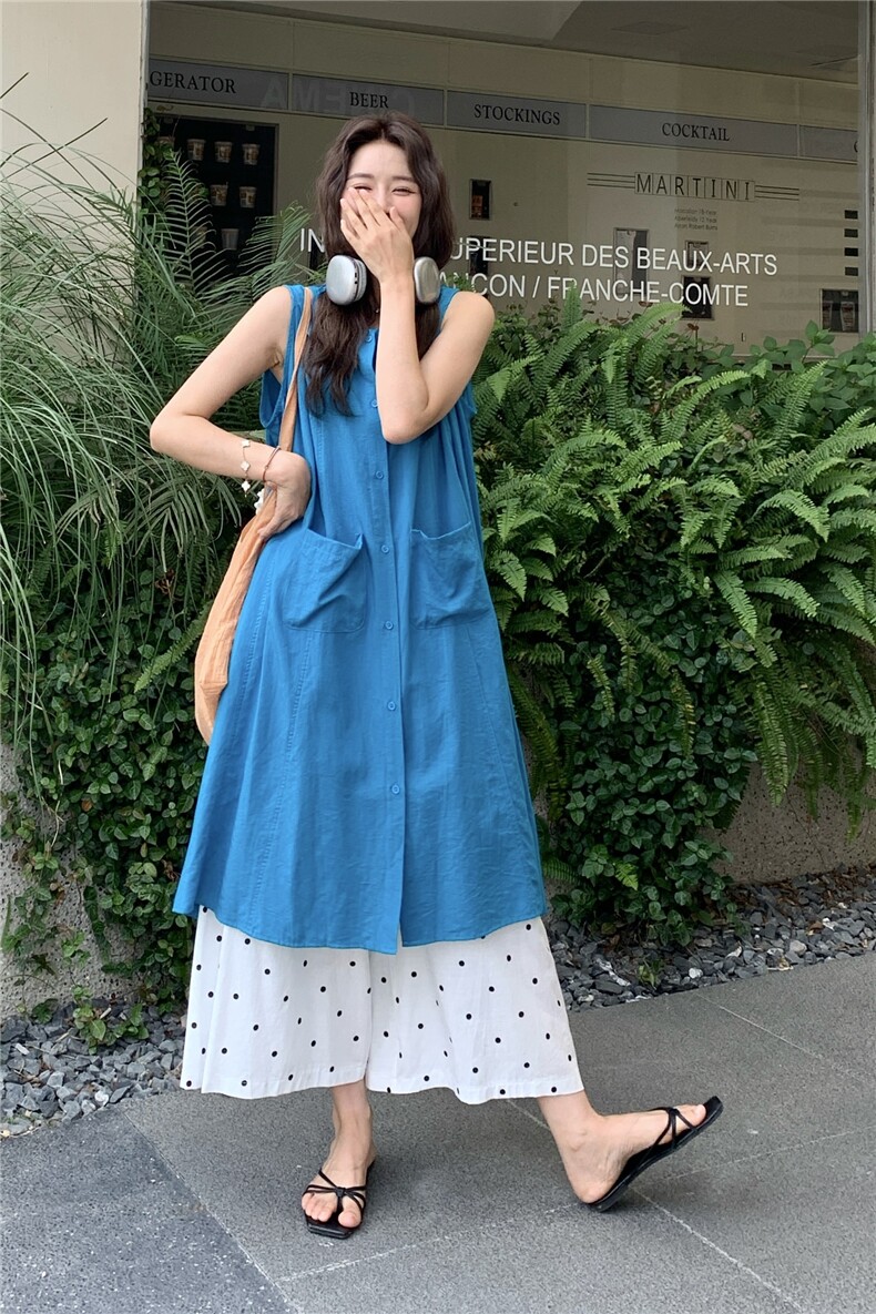 盐甜系穿搭蓝色无袖上衣套装女夏新款轻薄显瘦波点阔腿裤两件套,女装套装/套裙,2C236
