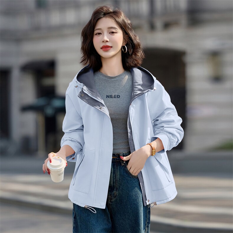 2025春秋新款小个子宽松休闲气质百搭粉色连帽工装冲锋衣外套女,女装短外套,依路服饰
