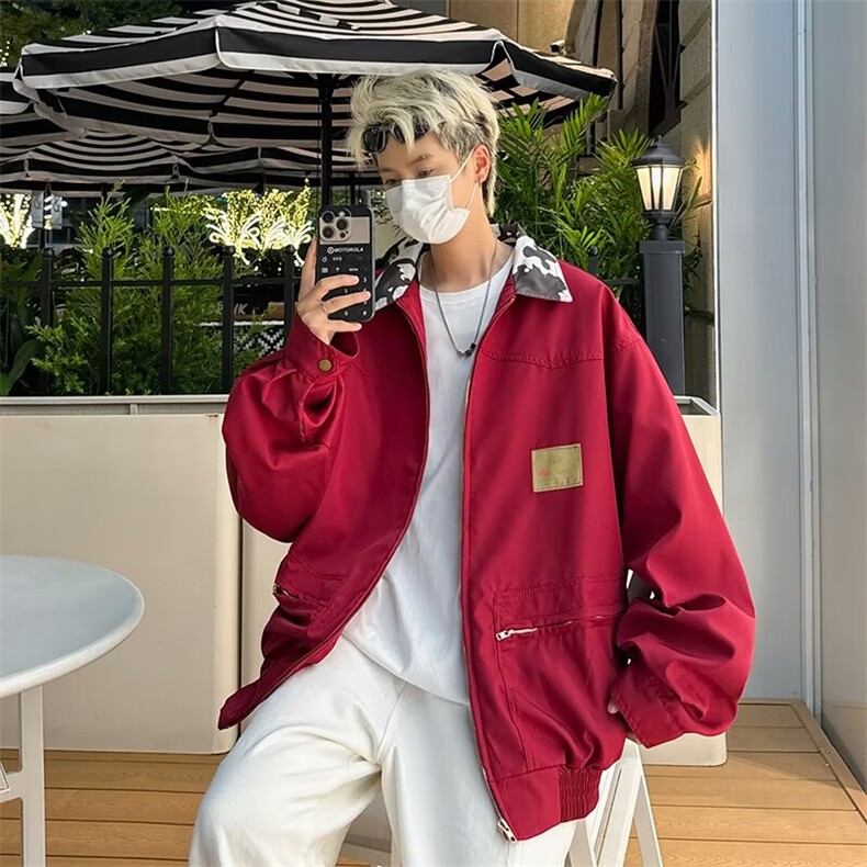 薄美式复古撞色酒红色工装外套春秋2024新款秋季男女夹克J213/P62,男装夹克,星座506