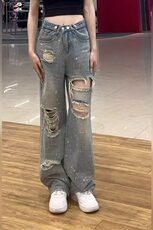 破洞阔腿牛仔裤新款大码胖妹妹梨型身材带钻烫钻显瘦直筒裤-网图，女装牛仔裤，星座302B-2