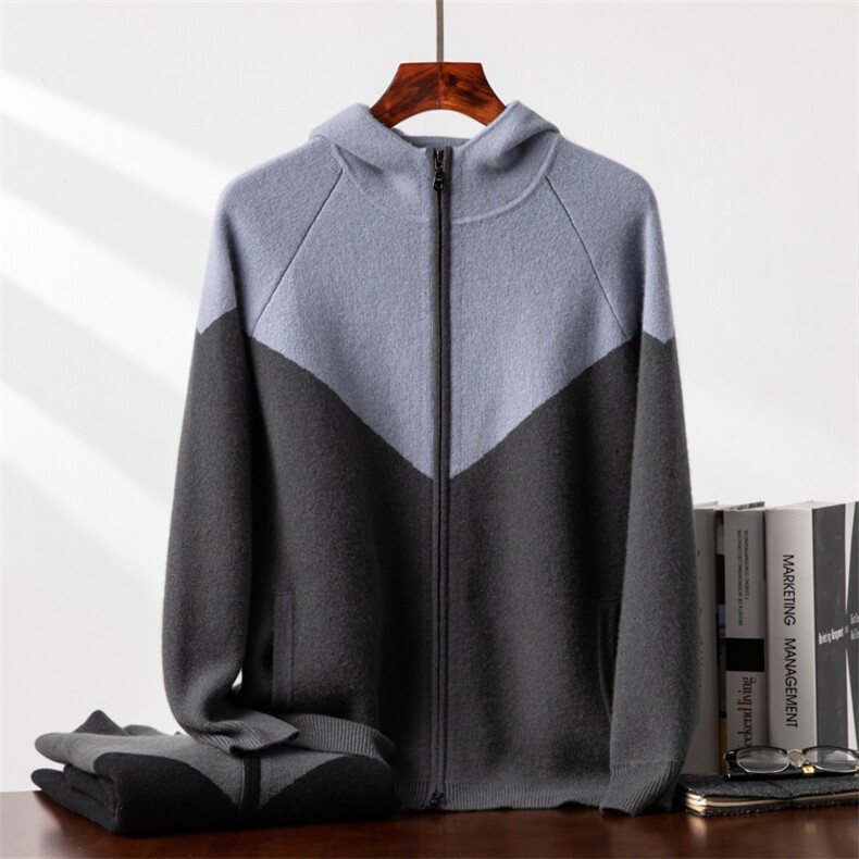 2025年秋季新款百搭加厚四平重工双色帽衫，男装羊绒套衫，台绒羊绒