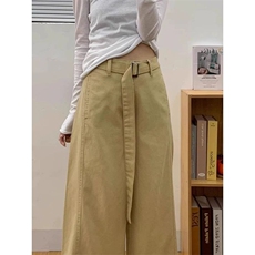 卡其色腰带阔腿弯刀牛仔裤女复古港风慵懒休闲百搭拖地裤长裤，男装牛仔裤，星座506A