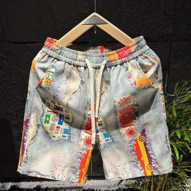 短裤男士纽扣刮烂休闲裤沙滩百搭破洞夏季薄款印花ZB1096P55，男装牛仔裤，电商A089-1