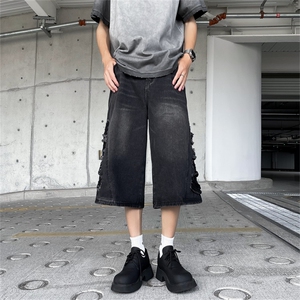 牛仔短裤男美式复古高街阔腿洗水做旧休闲百搭七分裤D01721-P45图片