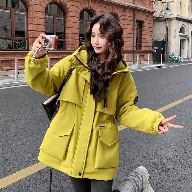 黄色连帽冲锋衣派克棉服女冬巨好看加绒加厚工装羽绒棉衣棉袄外套图片