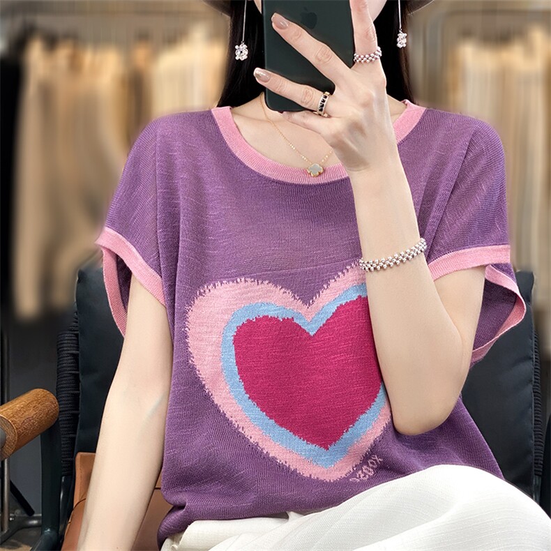 圆领薄款针织衫夏新款竹节麻短袖上衣女爱心宽松亚麻拼色T恤打底,女装T恤,佳绒包芯纱店