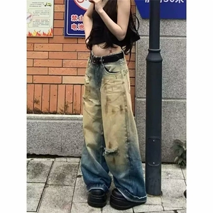 美式复古脏脏破洞牛仔裤女2025春夏新款街头废土风水洗直筒长裤子图片
