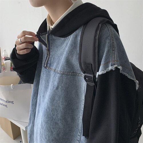 秋港风假两件卫衣拼牛仔连帽夹克外套休闲宽松百搭工装 H201/P70图片