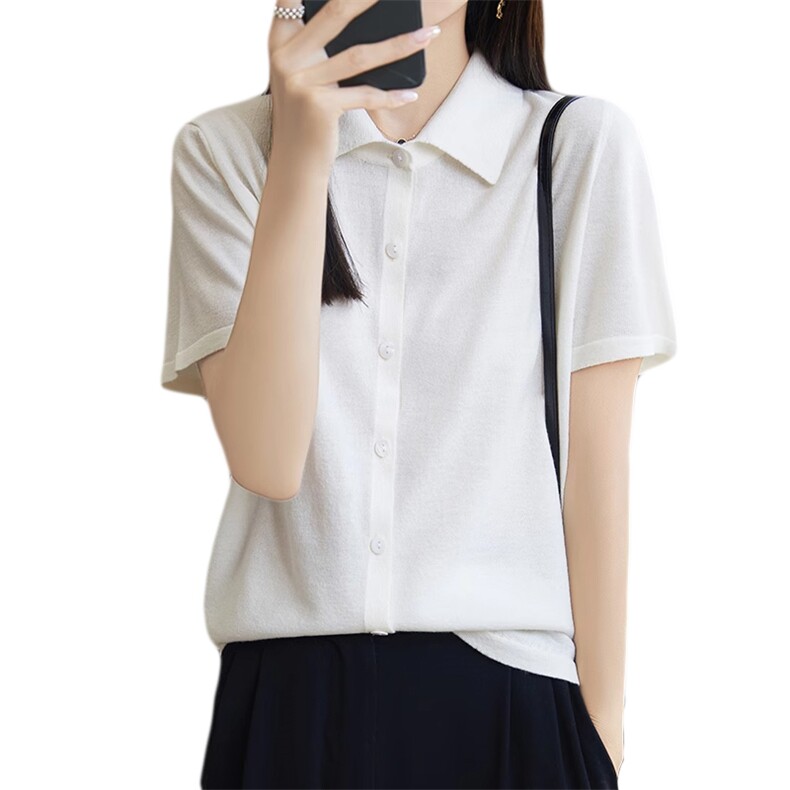 开衫短袖时尚气质简约衬衣33%羊毛亮丝新款2024年秋季,女装羊毛衫,朝思羊绒