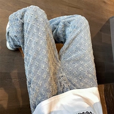 蓝色提花牛仔裤男夏季美式高街潮牌痞帅炸街牛仔裤子A22-P45，男装牛仔裤，星座1001-1