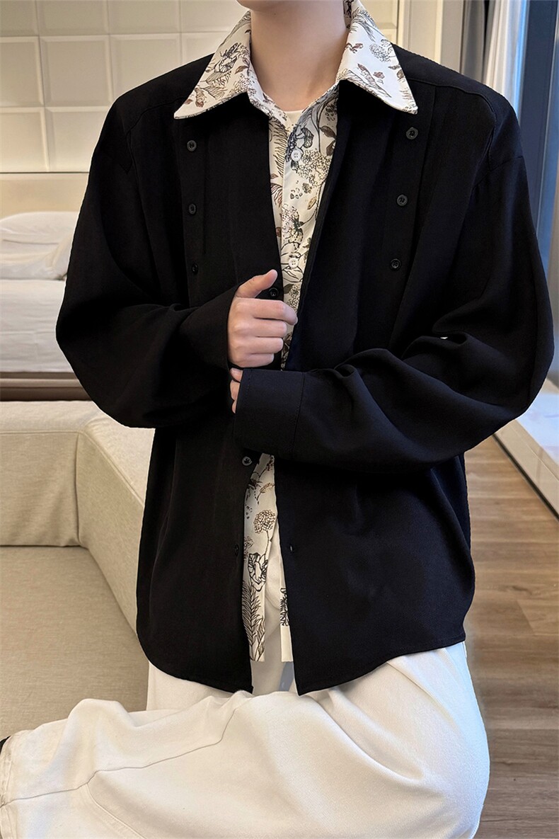 潮流休闲花卉印花领翻领假两件休闲长袖衬衫上衣男潮特P52,男装衬衫,电商B319