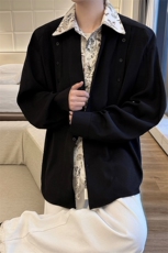 潮流休闲花卉印花领翻领假两件休闲长袖衬衫上衣男潮特P52，男装衬衫，电商B319
