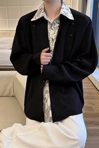 潮流休闲花卉印花领翻领假两件休闲长袖衬衫上衣男潮特P52图片
