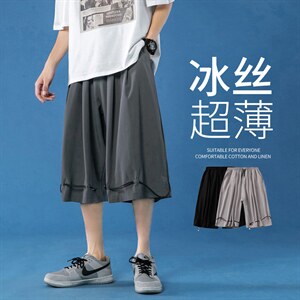 K160 P45 蓝底 冰丝加大码休闲港风凉爽青年七分裤抽绳纯色百搭夏图片