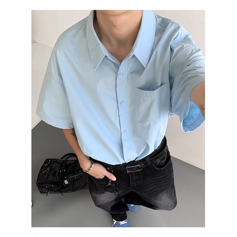复古衬衫男夏装港风学生宽松小众设计感趣味新款男装上衣外穿,男装衬衫,四季星座505