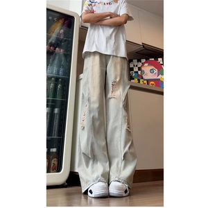 美式阔腿牛仔裤男破洞新款高腰宽松显瘦直筒垂感拖地裤AM462 P58图片