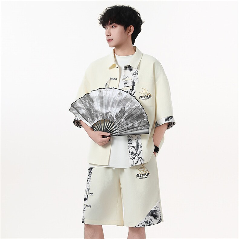 新中式竹纹拼接短袖衬衫夏季风潮牌半袖衬衣外套A436-T18-P65,男装衬衫,电商A436