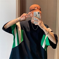 欧美高街t恤原创拼接hiphop棒球短袖男夏季重磅藏青色条纹五分袖，男装T恤，星座1210-1