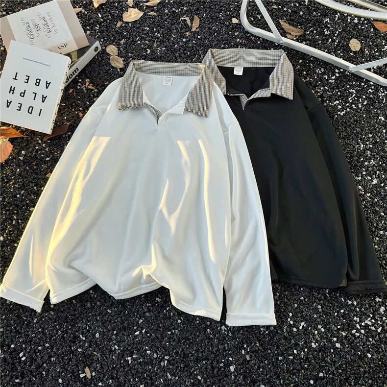 网图千鸟格拼接POLO卫衣男美式复古翻领假两件长袖t恤TXW87-特P37，男装T恤，星座1007（原301D）