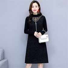 链条绣花植绒中长款长袖2020年冬季半高领纯色连衣裙，女装连衣裙，安之芮娜