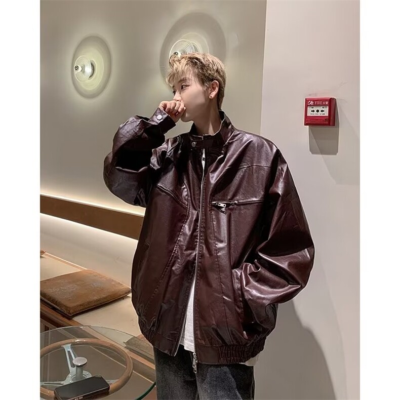 皮衣外套男春秋季美式高街痞帅风立领工装机车皮夹克,男装夹克,星座716-4