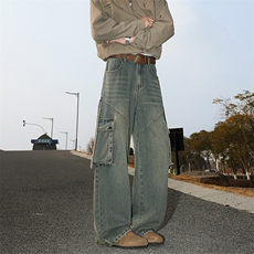 日系复古宽松水洗牛仔裤大口袋潮流百搭时尚工装裤K663TP55控88，男装牛仔裤，电商A102B