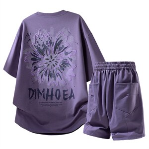 夏季美式潮牌发泡印花短袖T恤休闲短裤两件套装TZ888115特P45控88，男装牛仔裤，电商A309