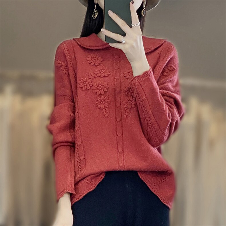 25秋冬新款娃娃领纯羊毛衫女复古立体绣花毛衣宽松羊绒针织打底衫图片