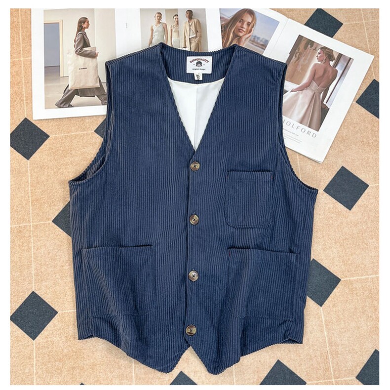 灯芯绒V领马夹秋季2025年新款复古设计感坎肩纯色马甲上衣J19/P50图片