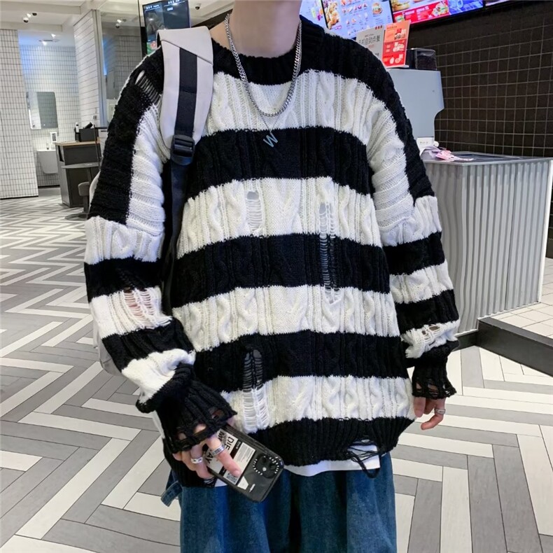 日系菱格麻花条纹毛衣男情侣冬季慵懒风套头针织衫上衣MZ058-P41图片